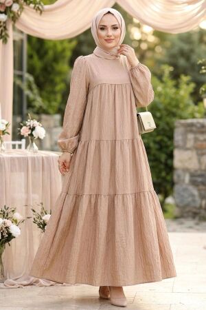 Flowy Long-Sleeve Zara Linen Biscuit Modest Dress 15702BS - 1