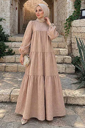 Flowy Long-Sleeve Zara Linen Biscuit Modest Dress 15702BS 