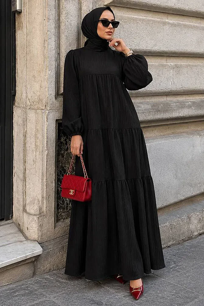 Flowy Long-Sleeve Zara Linen Black Modest Dress 15702S - 1
