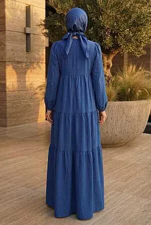 Flowy Long-Sleeve Zara Linen Dark Indigo Blue Modest Dress 15702KIM - 2