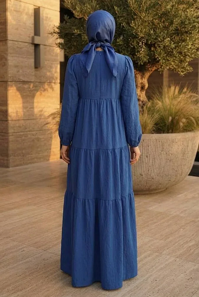Flowy Long-Sleeve Zara Linen Dark Indigo Blue Modest Dress 15702KIM - 2