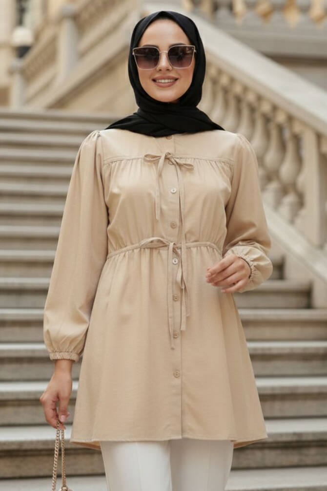 From the front Buttoned and Tie-Neck Beige Modest Poplin Tunic 20287BEJ - 1