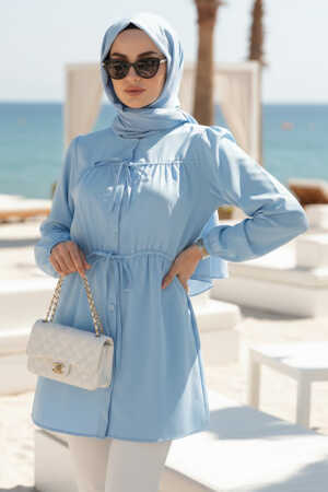 From the front Buttoned and Tie-Neck Blue Modest Poplin Tunic 20287M 