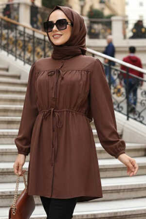 From the front Buttoned and Tie-Neck Brown Modest Poplin Tunic 20287KH 