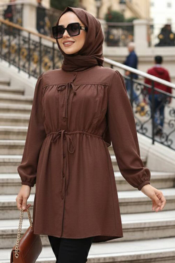 From the front Buttoned and Tie-Neck Brown Modest Poplin Tunic 20287KH - 1