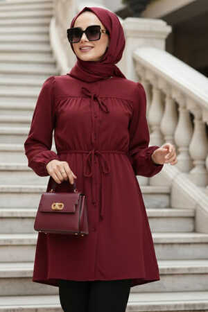 From the front Buttoned and Tie-Neck Burgundy Modest Poplin Tunic 20287BR 