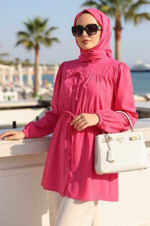 From the front Buttoned and Tie-Neck Fuchsia Modest Poplin Tunic 20287F 