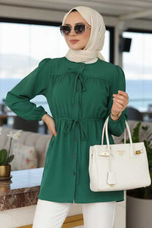 From the front Buttoned and Tie-Neck Green Modest Poplin Tunic 20287Y 
