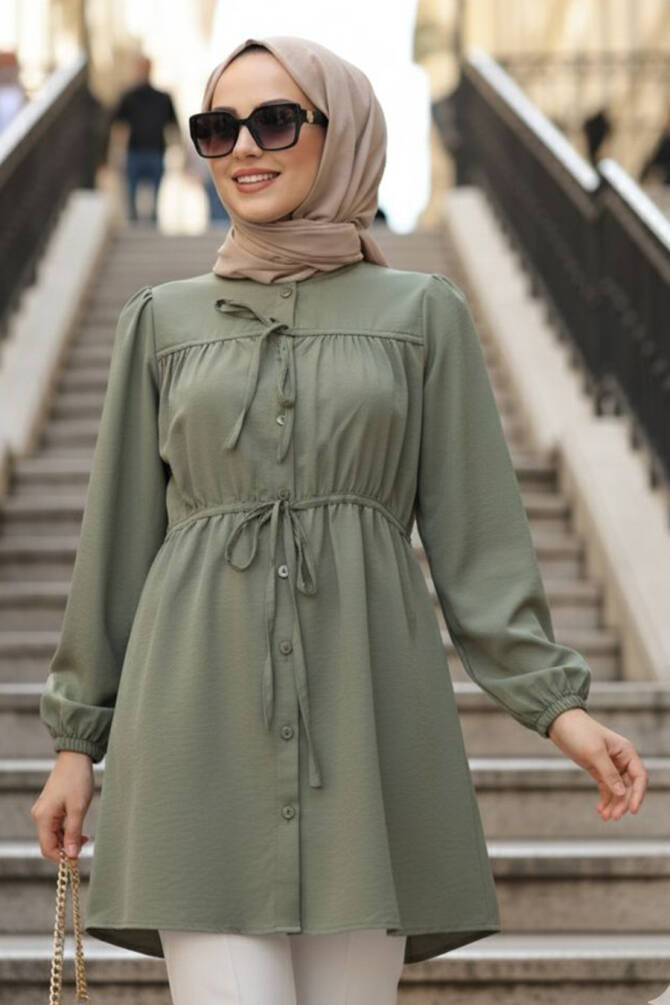 From the front Buttoned and Tie-Neck Mint Modest Poplin Tunic 20287MINT - 1