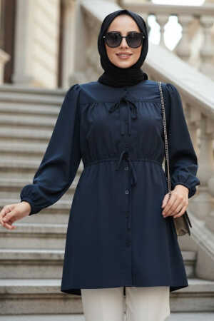 From the front Buttoned and Tie-Neck Navy Blue Modest Poplin Tunic 20287L - 1