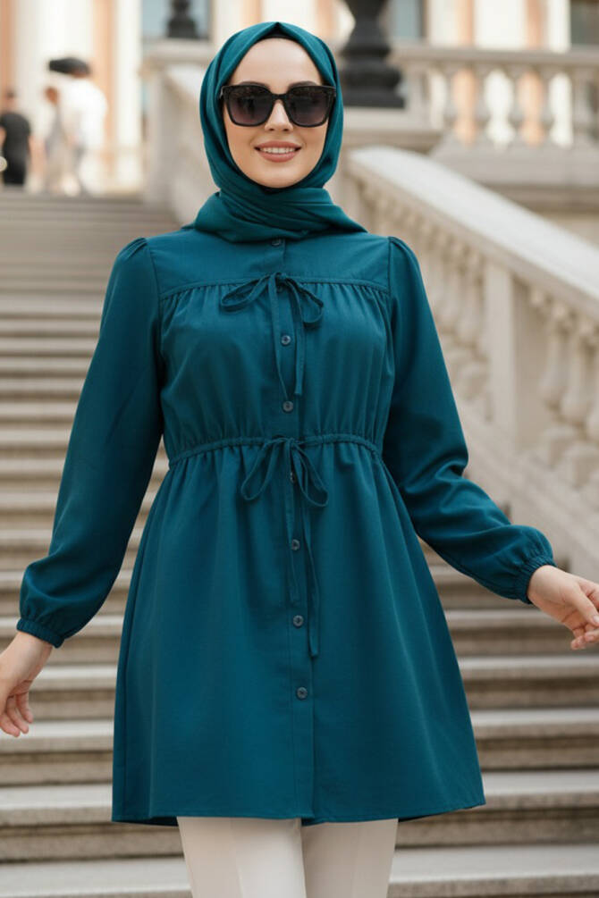 From the front Buttoned and Tie-Neck Petrol Mavisi Modest Poplin Tunic 20287PM - 1
