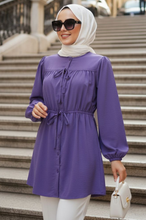 From the front Buttoned and Tie-Neck Purple Modest Poplin Tunic 20287MOR 