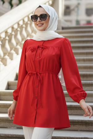 From the front Buttoned and Tie-Neck Red Modest Poplin Tunic 20287K 