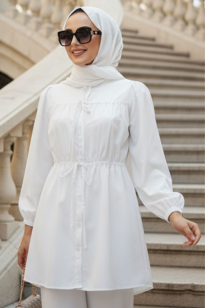 From the front Buttoned and Tie-Neck White Modest Poplin Tunic 20287B - 1