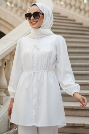 From the front Buttoned and Tie-Neck White Modest Poplin Tunic