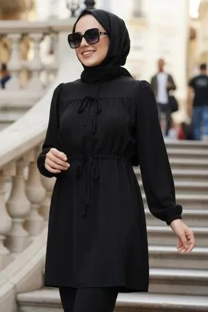Front-Buttoned and Drawstring Black Modest Poplin Tunic 20287S - 1