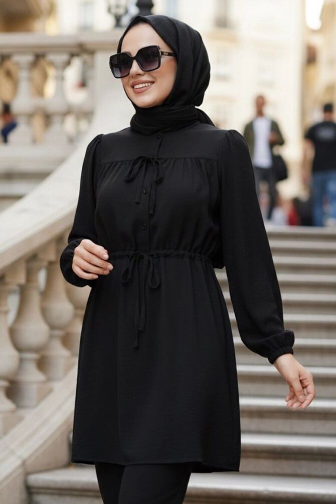 Front-Buttoned and Drawstring Black Modest Poplin Tunic 20287S - 1