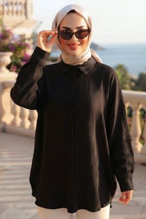 Front-Buttoned Black Strawberry-texture fabric Modest Tunic 11025S 