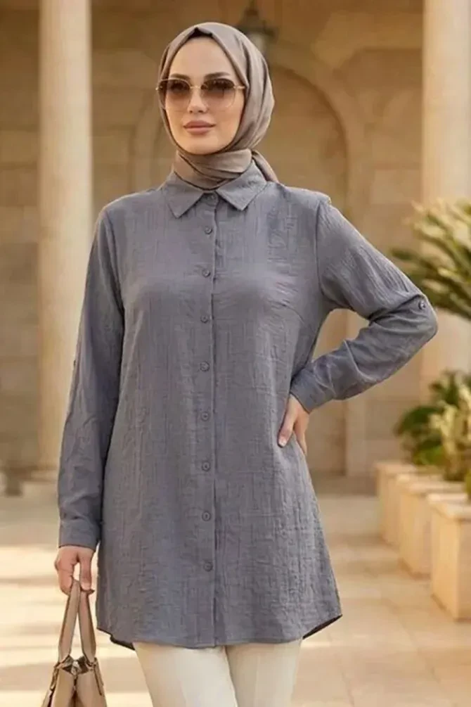 Front-Buttoned Gray Strawberry-texture fabric Modest Tunic 11025GR - 1
