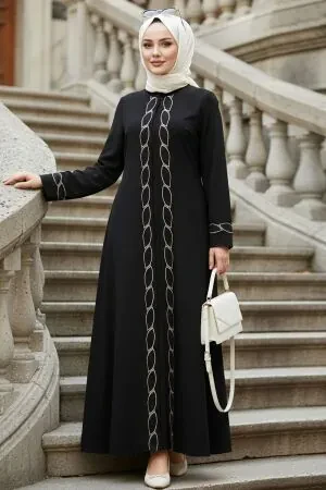 Front Patterned Stone Detailed Black Modest Abaya 29134S - 1