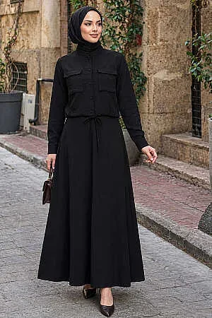 Front-Pocket Black Modest Skirt Set 1359S - 1