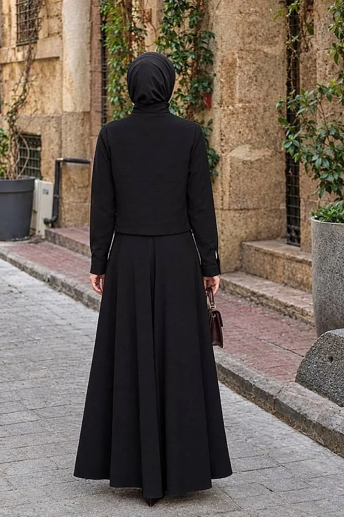 Front-Pocket Black Modest Skirt Set 1359S - 2