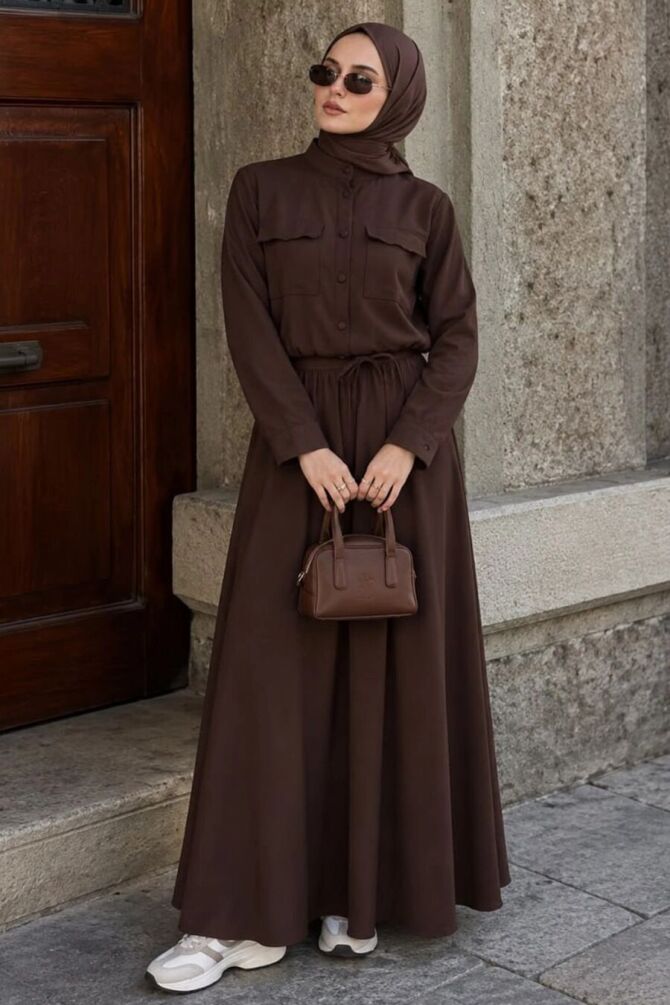 Front-Pocket Dark Brown Modest Skirt Set 1359KKH - 1