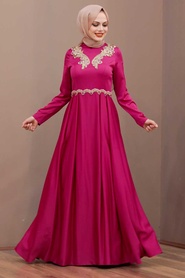 Fuchsia Hijab Evening Dress 37330F - Thumbnail