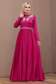 Fuchsia Hijab Evening Dress 37330F - Thumbnail