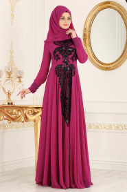 Fuchsia Hijab Evening Dress 7533F - Thumbnail