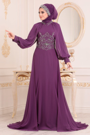 Fuchsia - Tesettürlü Abiye Elbise - Robe de Soirée Hijab 18630F - Thumbnail