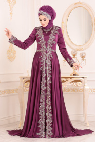Fuchsia- Tesettürlü Abiye Elbise - Robe de Soirée Hijab 1901F - Thumbnail