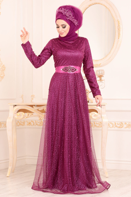 Fuchsia-Tesettürlü Abiye Elbise - Robe de Soirée Hijab 31470F