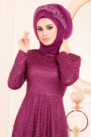 Fuchsia-Tesettürlü Abiye Elbise - Robe de Soirée Hijab 31470F - Thumbnail