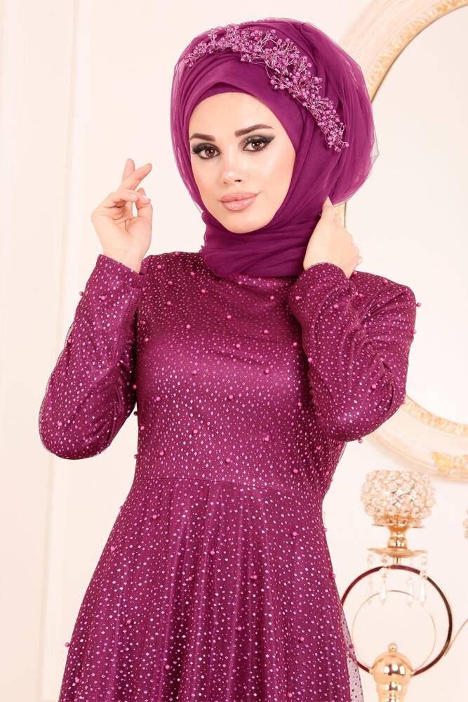 Fuchsia-Tesettürlü Abiye Elbise - Robe de Soirée Hijab 31470F - 2