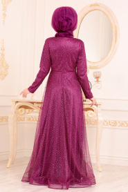 Fuchsia-Tesettürlü Abiye Elbise - Robe de Soirée Hijab 31470F - Thumbnail