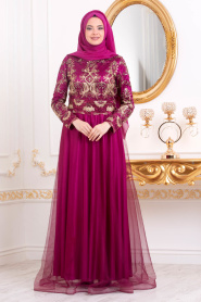 Fuchsia-Tesettürlü Abiye Elbise - Robe de Soirée Hijab 31750F - Thumbnail