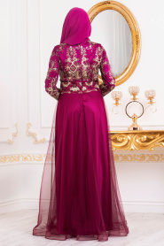 Fuchsia-Tesettürlü Abiye Elbise - Robe de Soirée Hijab 31750F - Thumbnail