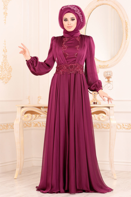 Fuchsia-Tesettürlü Abiye Elbise - Robe de Soirée Hijab 37331F