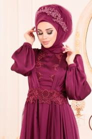Fuchsia-Tesettürlü Abiye Elbise - Robe de Soirée Hijab 37331F - Thumbnail