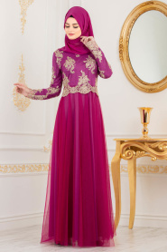 Fuchsia - Tesettürlü Abiye Elbise - Robe de Soirée Hijab 8217F - Thumbnail
