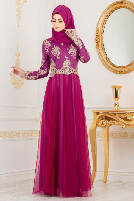 Fuchsia - Tesettürlü Abiye Elbise - Robe de Soirée Hijab 8217F