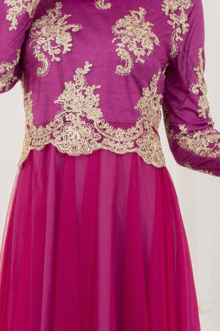 Fuchsia - Tesettürlü Abiye Elbise - Robe de Soirée Hijab 8217F - 3