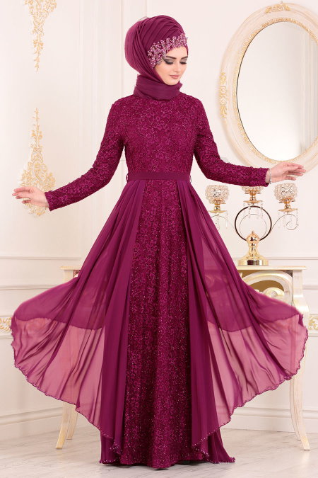 Fuchsia - Tesettürlü Abiye Elbise - Robes de Soirée 3308F