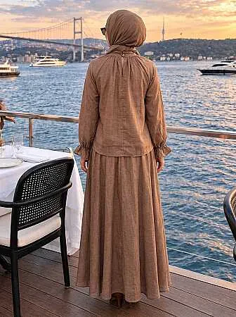 Fular Yaka Fırfır Detaylı Vizon Tesettür Takım 53331V - 2