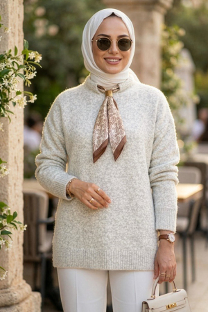Fularlı Ekru Tesettür Triko Kazak 8968E - N.S NEVA STYLE