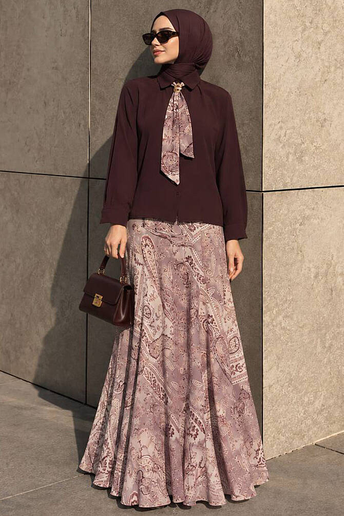 Fularlı Mürdüm Modal Tesettür Etekli Takım 13860MU - N.S NEVA STYLE