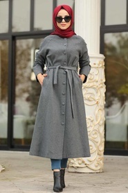 Fumé - Neva Style - Manteau Feutre Hijab - 5505FU - Thumbnail
