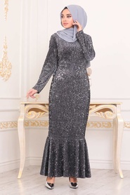 Fumé - Tesettürlü Abiye Elbise - Robe de Soirée Hijab - 8742FU - Thumbnail