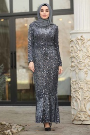 Fumé - Tesettürlü Abiye Elbise - Robe de Soirée Hijab - 87760FU - Thumbnail